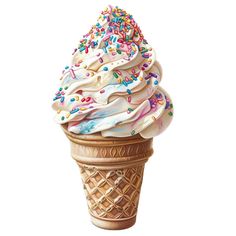 an ice cream sundae with sprinkles and toppings in a cone