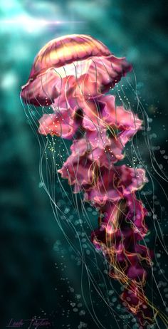 a painting of a jellyfish with pink flowers on it's head and long tentacles