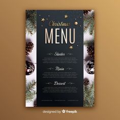 a christmas menu with pine cones and decorations