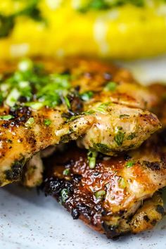 Chimichurri Chicken Thighs, Easy Summer Meal, Chimichurri Chicken, Chicken Thigh Recipe, Grilled Chicken Tenders, Grilled Chicken Thighs, Honey Balsamic, Chicken Entrees, Chimichurri Sauce