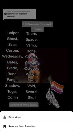 an iphone screen with the text halloween themed names and symbols on it, along with a photo of someone's hand holding a flag