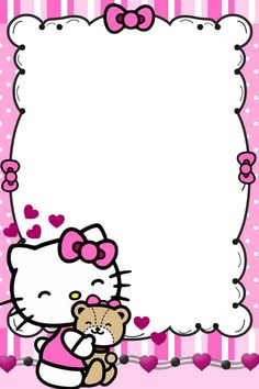 hello kitty with her teddy bear in front of a heart shaped frame for valentine's day