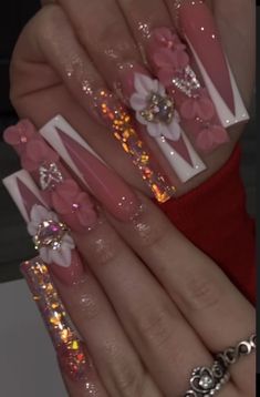 Pink 3d Flower Nails, Latina Nail Designs Pink, Easy Nail Art Tutorial, Nail Art 2022, Design Nails Art, Quince Nails, 3d Flower Nails, Long Acrylic Nail Designs, Cute Acrylic Nail Designs