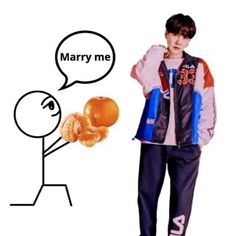 a young man standing next to an orange with a speech bubble above it that says marry me