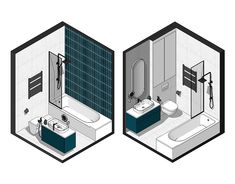 two illustrations of a bathroom with toilet, sink and shower stall separated by partitions