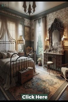 an old fashioned bedroom with antique furniture and decor