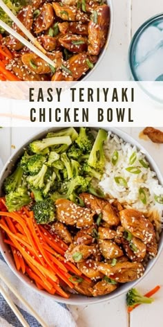 an easy teriyaki chicken bowl with carrots, broccoli and rice