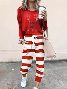 Ladies Trouser Suits, Christmas Loungewear, Drawstring Pants Outfit, Christmas Pj, Drawstring Waist Pants, Loungewear Outfits, Tracksuit Pants, Fashion Bottoms, Hat Print