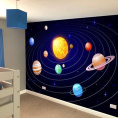 a child's bedroom with a mural of the solar system