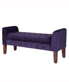 an upholstered bench with wooden legs and purple fabric on the back, against a white background