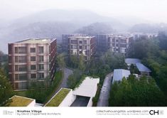 an aerial view of some buildings and trees