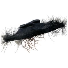 1940s I Magnin Black Fine Straw Cartwheel Hat w Low Crown & Wispy Egret Feather Trim: Crown of hat is artfully crushed at sewn in that position. Wrapped at crown with black tulle which trails at back. One size fits all-use pins to anchor. Would make a fabulous macabre Halloween look! Cartwheel Hat, Macabre Halloween, Feather Hat, Feather Trim, Black Tulle, Halloween Looks, One Size Fits All, Accessories Hats, Straw