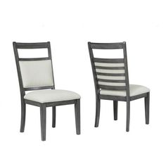 two chairs with white upholstered back and seat cushions, one in grey wood the other in beige fabric