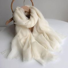 Comfortable, One of Kind. Scarves online shop,|Elegant|Solid Color|Wool|White|Dry clean Scarf Aesthetic, White Shawl, Woolen Scarves, Forest Girl, White Scarf, White Scarves, Wool Wash, Aesthetic Blue, Plant Dyes