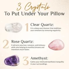 Crystals to use under your pillow to get some peaceful sleep 😴...!! #mentalhealth #mindset #positivethoughts #mindfulliving #healthyliving #loveyourself #selflove #spiritual #higherself #innerpeace #consciousness #selfcare #wellbeing⁠ #healingcrystals #crystals #crystalenergy #crystallove #chakra #crystalcollection #crystalshop #crystalhealing #crystalmagick #MindfulSouls #selfcarejourneyajp Amethyst Under Pillow, How To Use Your Crystals, Crystals For Relaxation, Crystals For Better Sleep, Crystal For Dreams, Crystals Under Your Pillow, Best Crystals To Wear, How To Recharge Your Crystals, Crystals To Put Under Your Pillow