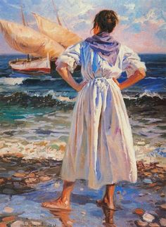 a painting of a woman standing on the beach looking out at the ocean with a sailboat in the background