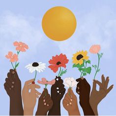 several hands reaching for flowers in front of a blue sky with sun and clouds behind them