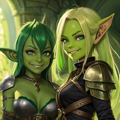 two women dressed as elves standing next to each other