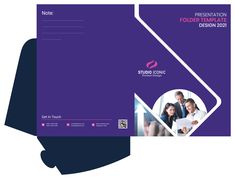 a purple brochure with two people on it