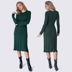 Knitted seamless dress in a beautiful dark green color is ideal for a cold time. This pleated skirt dress has a fitted silhouette and is knitted from soft yarn with a high cotton content. The dress gently lies on the figure, stretches well, the deep green color perfectly slim. The perfect fall-winter dress for cold weather. Fabric structure: 75% cotton 25% acrylic Model parameters: Bust 86 см Waist 62 см Hips 94 см Height of model 176 см Model size XXS/XS Green Knit Dress, Cold Weather Dresses, Green Casual Dress, Midi Dress Green, Midi Sweater Dress, Pleated Skirt Dress, Green Dress Casual, Fall Winter Dresses, Pantsuits For Women