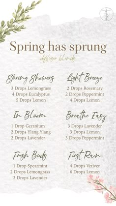 Incredible spring diffuser blends Spring Oil Blends, Dottera Diffuser Blends, Mood Boosting Diffuser Blends, Vanilla Diffuser Blends, Healthy Word, House Perfume, Doterra Diffuser Blends