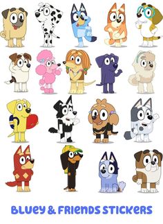 an image of cartoon characters with the words bluey and friends stickers on them