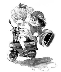 a drawing of two children on a motorcycle