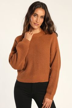 We can't wait for days where we can style the Lulus Winter Wishing Rust Brown Cutout Twist Back Sweater! Medium gauge ribbed knit shapes this chic and surprising sweater that has a mock neckline, dropped shoulders, and a boxy silhouette. Back brings the fun with a twisted detail and flirty, eye-catching cutouts. Fabric: Fabric is very stretchy. Unlined. 100% Polyester. Hand Wash Cold. Do Not Bleach. Line Dry. Iron Low Heat. Imported. Lulus | Winter Wishing Rust Brown Cutout Twist Back Sweater | Solid Ribbed Sweater For Fall, Ribbed Solid Sweater For Fall, Trendy Fall Sweater With Ribbed Neckline, Ribbed Sweater For Workwear In Fall, Ribbed Knit Top For Workwear In Fall, Ribbed Workwear Sweater For Fall, Trendy Ribbed Sweater For Work, Ribbed Knit Top For Workwear, Chic Brown Ribbed Knit Top