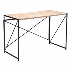 a wooden table with black metal legs and a wood top on an isolated white background