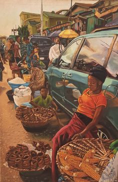 $1,322 · Painting, Oil by Ganiyat Abdulazeez (Nigeria). Buy the original (114.3x76.2 cm) $1,322, including shipping (Nigeria) via #Artmajeur. Licenses available from $32 via #Artmajeur. #Painting #Oil #Hyperrealism #EverydayLife #Survival #Landscape #Market #Girl #Oil Landscape Activities, Black Culture Art, Colors Activities, Figurative Impressionism, Airbrush Painting, Arte Peculiar, Conceptual Painting