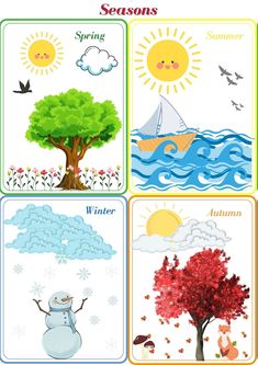 four seasons cards with different pictures and words on them, including snowman, tree, bird