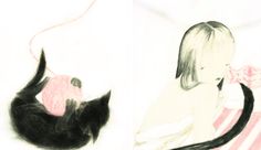 two drawings of a girl and a cat on a white background, one is black and the other is pink