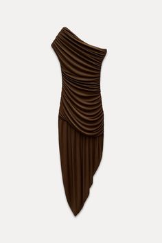 DRAPED ASYMMETRIC DRESS ZW COLLECTION - Brown | ZARA United States Asymmetric Dress, Asymmetric Neckline, Career Woman, Ribbed Dress, Beauty Sale, Ribbed Dresses, Zara Woman, Zara United States, Asymmetrical Dress