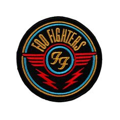 an embroidered patch with the words foo fighters in red, blue and yellow on it