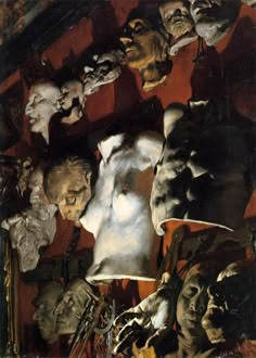 an image of a painting with many heads on the wall and one head in the background