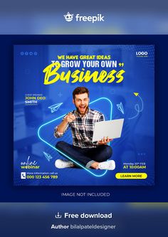 a man sitting on the ground with a laptop in front of him and text that reads, we have great ideas grow your own business