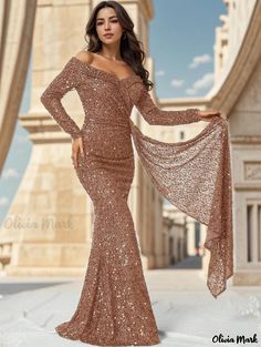 Olivia Mark - Shimmery Shoulder Sequined Evening Gown with Long Sleeves and Fish Tail Hemline for Formal Events Gown With Long Sleeves, Mermaid Ball Gown, Dress Elegant Long, Tail Dress, Formal Parties, Long Sleeve Evening Gowns, Evening Gown Dresses, Long Sleeve Evening Dresses, Evening Gowns Elegant