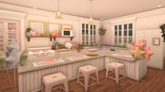 the kitchen is decorated in pastel colors and has stools for four people to sit at