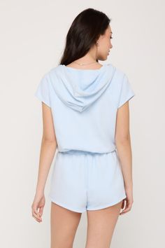 Romp around. A full-zip, short-length, slouchy fit romper designed with cap sleeves and pockets. Made in our Plush French Terry fabrication, it's the perfect blend of 75% cotton and 25% modal, creating an extra (extra) soft feel. | Peyton Hoodie Romper in Windsurfer Cute Short Sleeve Bubble Romper For Loungewear, Free People Athletic Romper, Free People T Shirt Romper, Hoodie Romper, Terry Cloth Romper, Fitted Romper, Romper Designs, Spiritual Gangster, French Terry