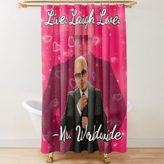 a shower curtain with the image of a man in a suit and sunglasses