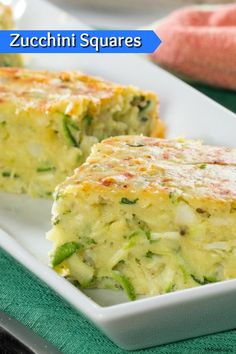 zucchini squares on a white plate with green cloth