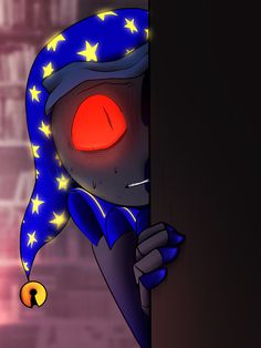 a cartoon character with red eyes peeking out from behind a wall