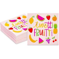 two napkins with fruit designs on them and the words, twenty fruits written in bright colors