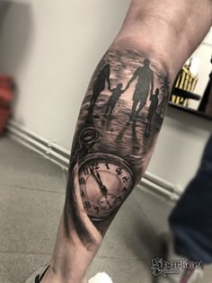 a man's arm with a clock and family silhouettes on the inside of it