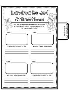 the landmarks and attractions worksheet is shown in black and white with text