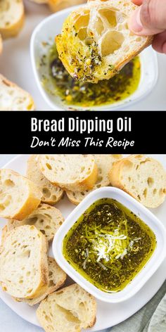 bread dipping oil is being held up to the camera and served on a white plate