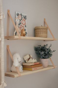 two wooden shelves with books and stuffed animals on them