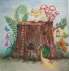 a drawing of a tree stump with mushrooms and flowers on it, surrounded by plants