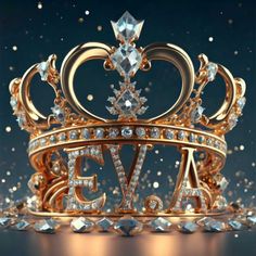 a golden crown with the word eva written on it, surrounded by sparkling diamonds and sparkles