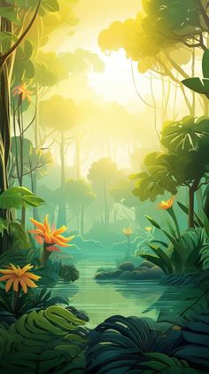 an image of a jungle scene with flowers and plants on the water's edge